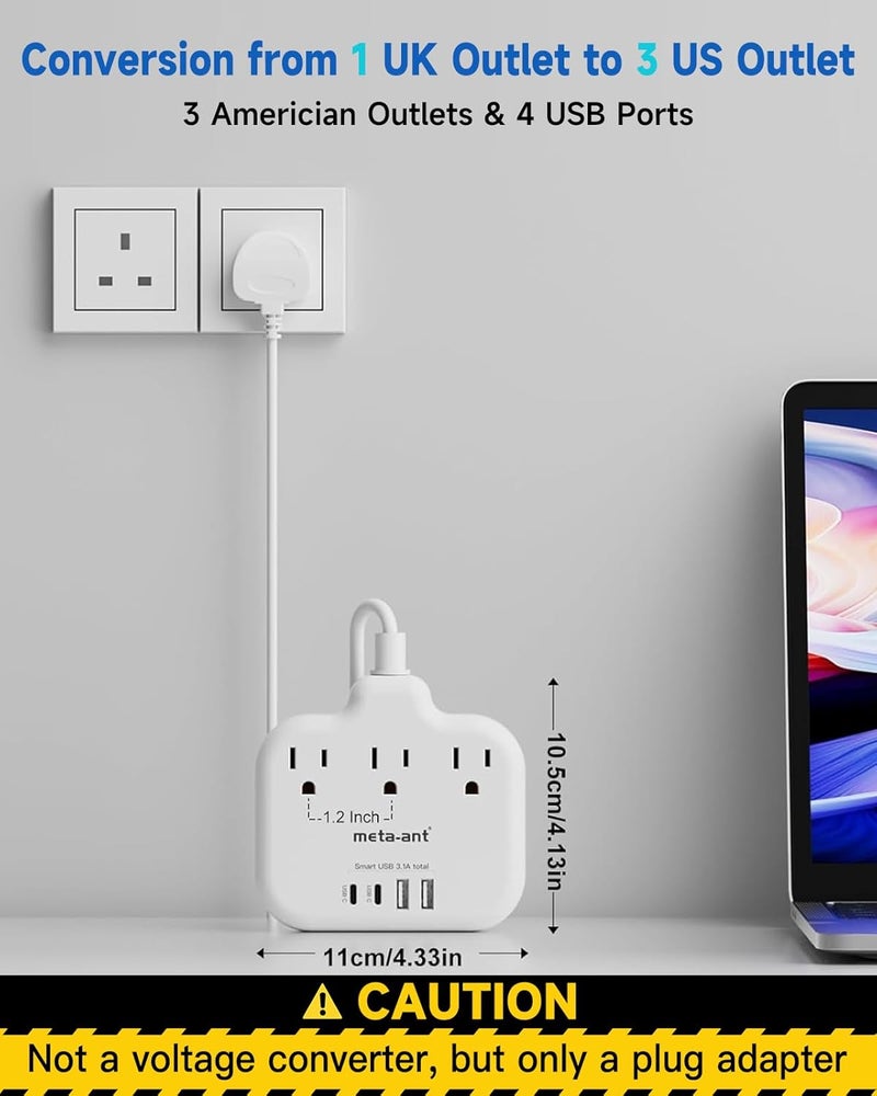 meta-ant Type G Adapter for Travel, US to UK Travel Adapter with 3ft Extension Cord,3 Outlets 4 USB(2 USB-C), Type G UK Ireland Travel Plug Adapter to British Scotland England London Hong Kong Dubai - Image 3